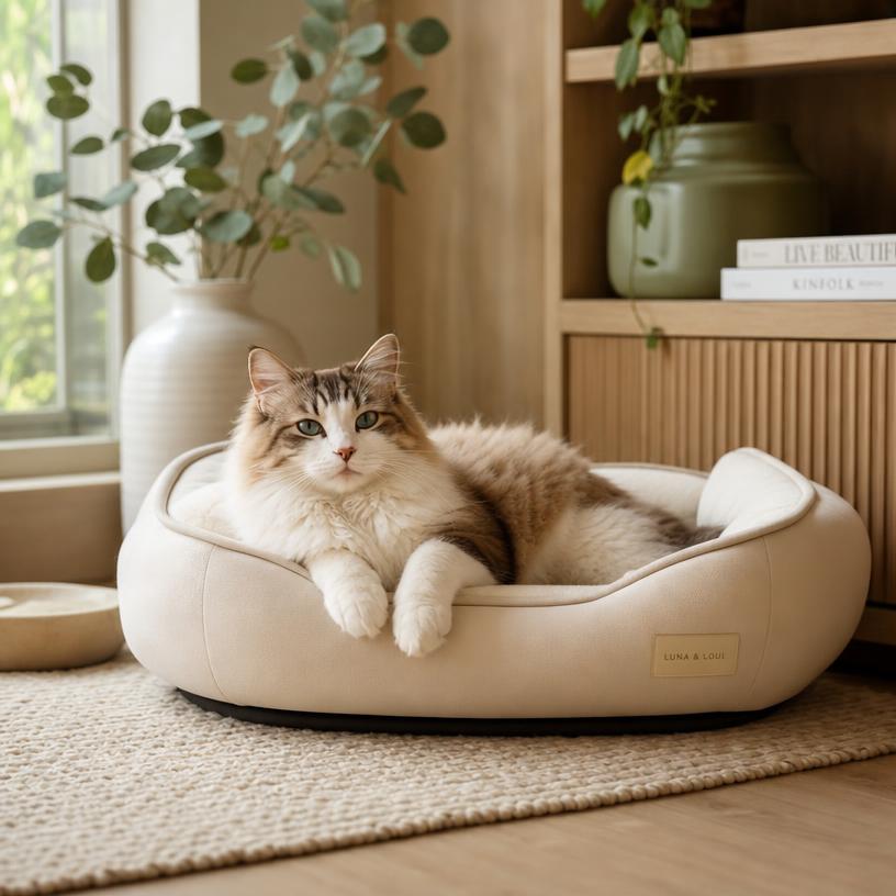 Cat relaxing in cozy bed