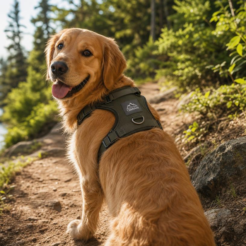 Dog wearing harness on trail