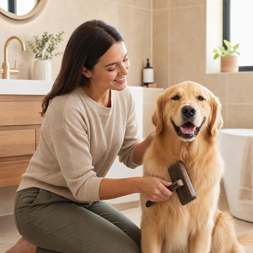 Person grooming happy dog