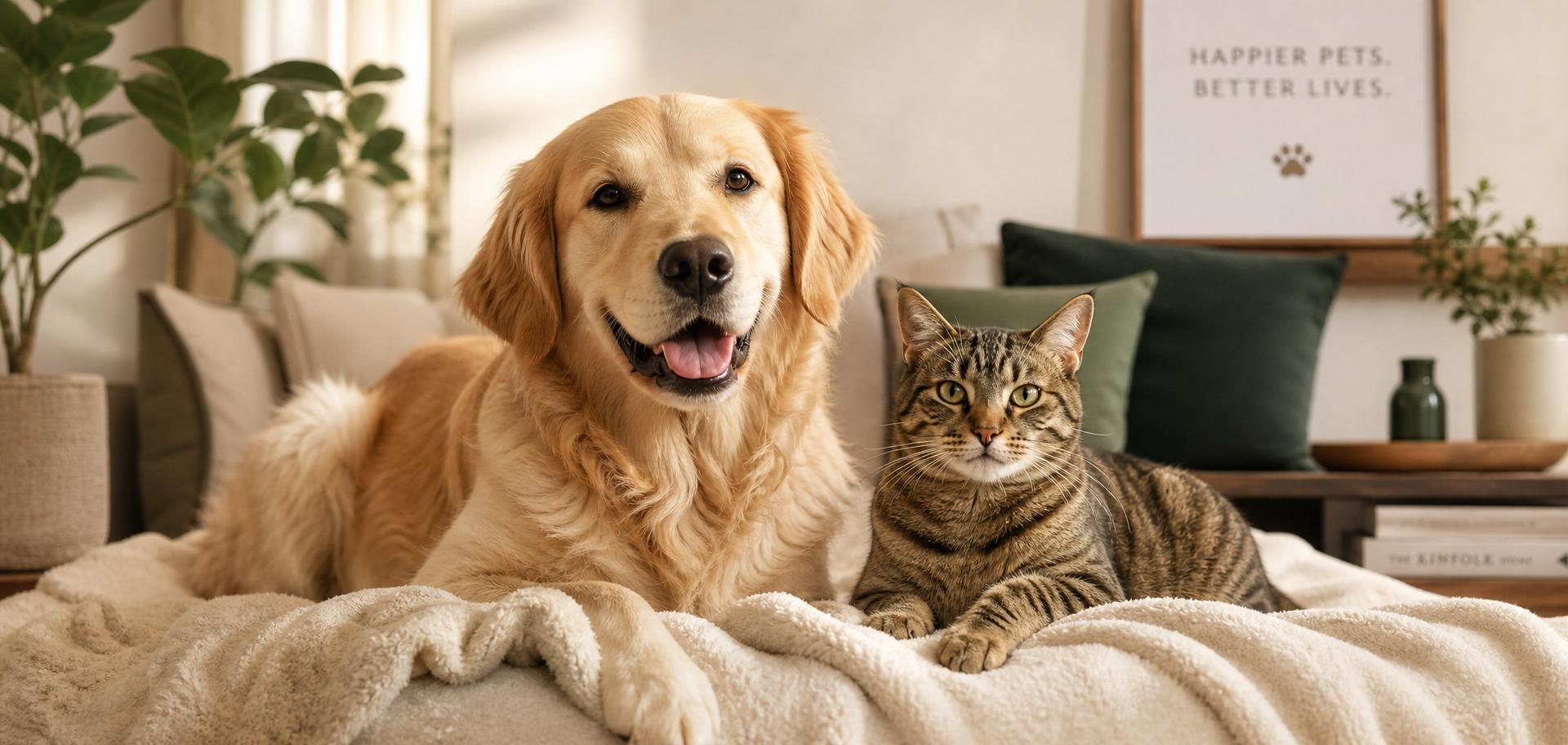 Happy golden retriever and tabby cat relaxing together on a cozy blanket
